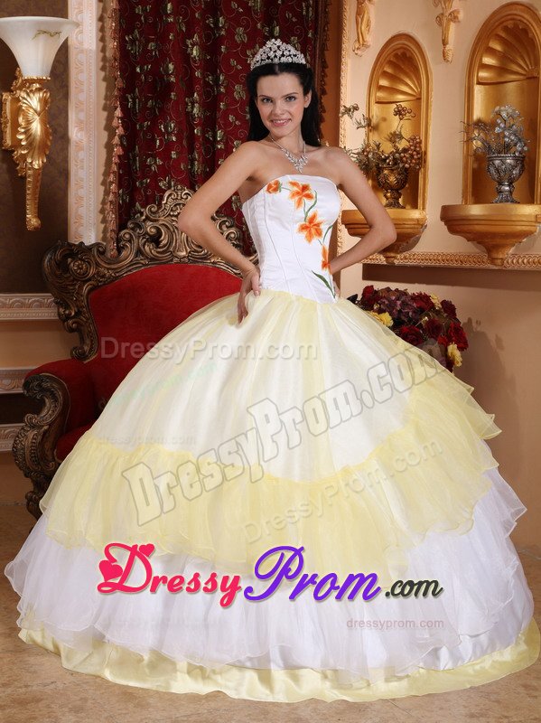 Light Yellow and White Organza Quinceanera Gown with Embroidery
