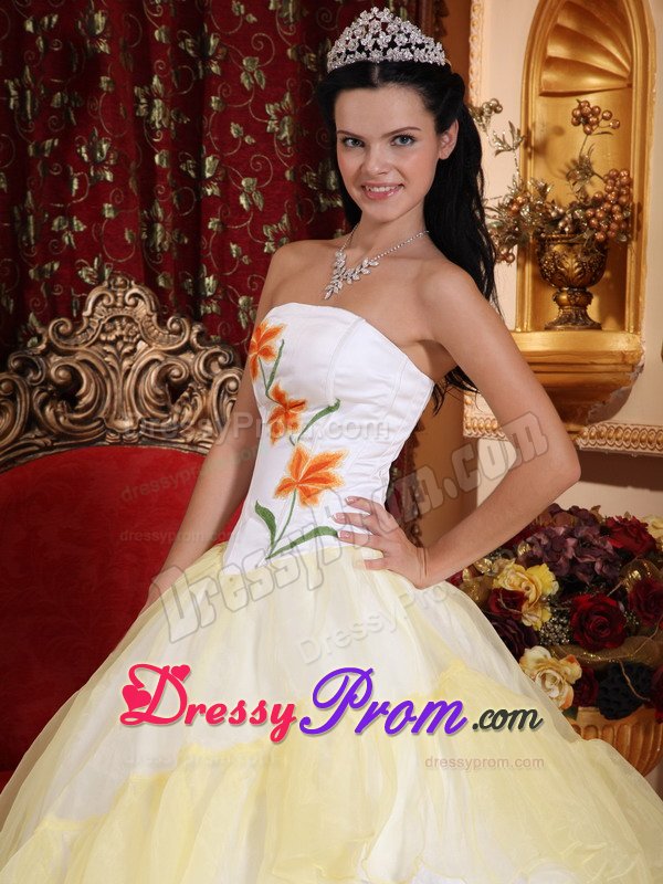 Light Yellow and White Organza Quinceanera Gown with Embroidery
