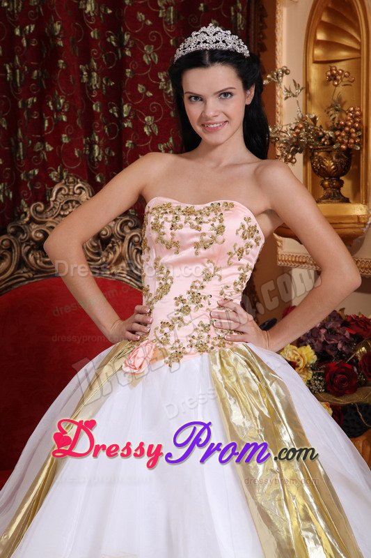 Flowers and Appliques Accent White Organza Quinceanera Gowns