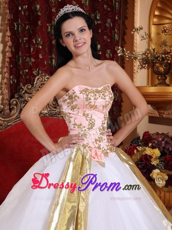 Flowers and Appliques Accent White Organza Quinceanera Gowns