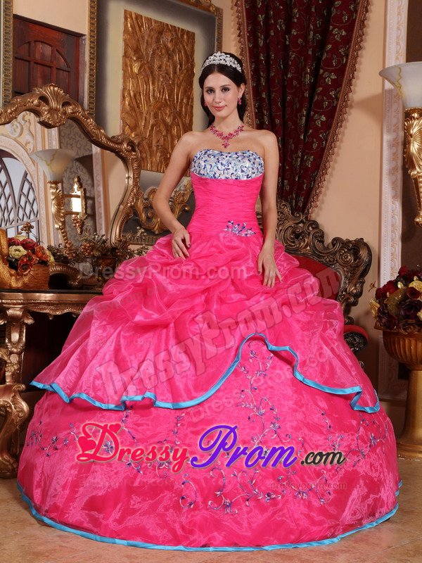 Embroidered Hot Pink Organza Quinceanera Gowns with Pick ups