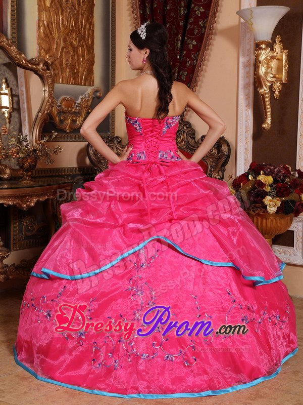Embroidered Hot Pink Organza Quinceanera Gowns with Pick ups