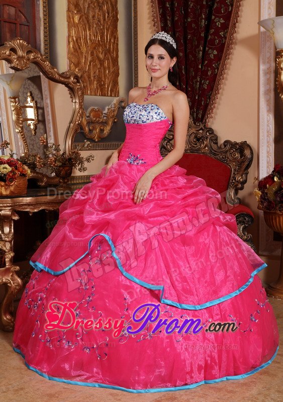Embroidered Hot Pink Organza Quinceanera Gowns with Pick ups