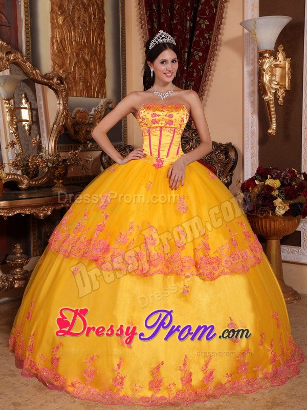 Yellow Strapless Floor Length Quinceanera Gown with Lace Appliques