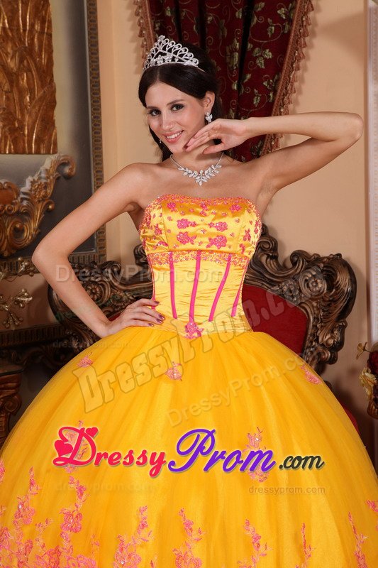 Yellow Strapless Floor Length Quinceanera Gown with Lace Appliques