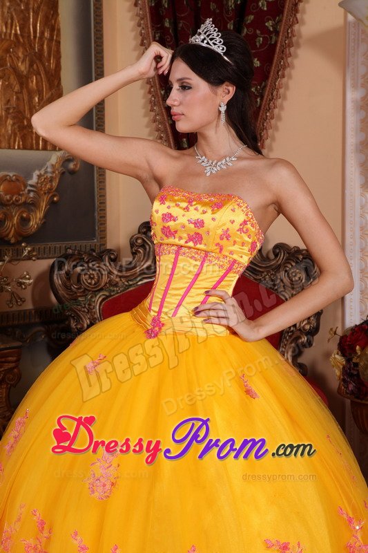Yellow Strapless Floor Length Quinceanera Gown with Lace Appliques