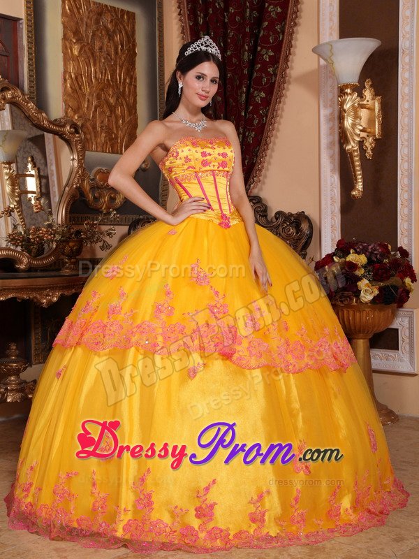 Yellow Strapless Floor Length Quinceanera Gown with Lace Appliques