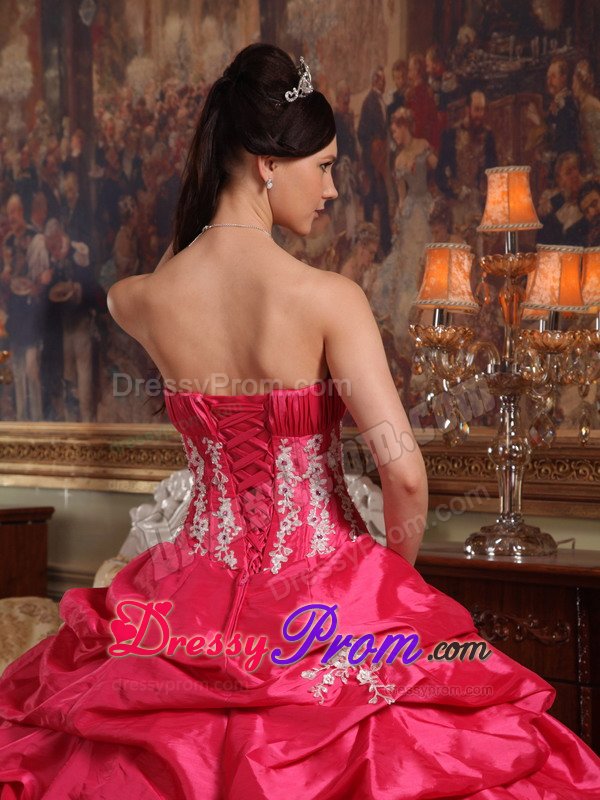 Appliqued Quinceanera Gown with Pick ups of Coral Red Taffeta