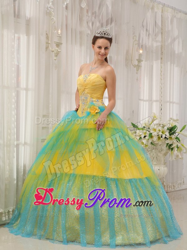 Yellow and Blue Tulle Strapless Quinces Dresses with Appliques