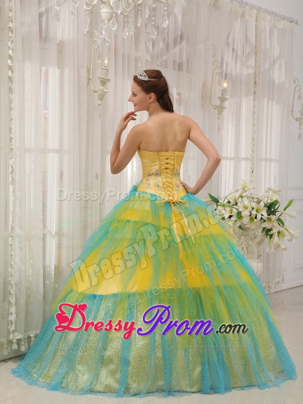 Yellow and Blue Tulle Strapless Quinces Dresses with Appliques