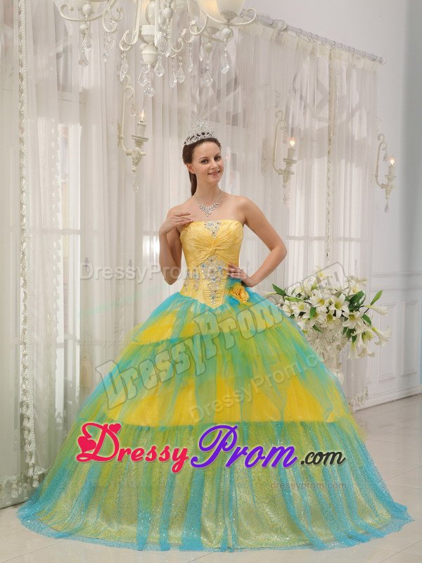 Yellow and Blue Tulle Strapless Quinces Dresses with Appliques