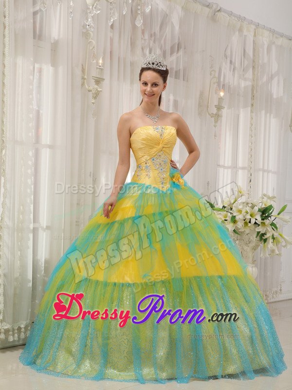 Yellow and Blue Tulle Strapless Quinces Dresses with Appliques