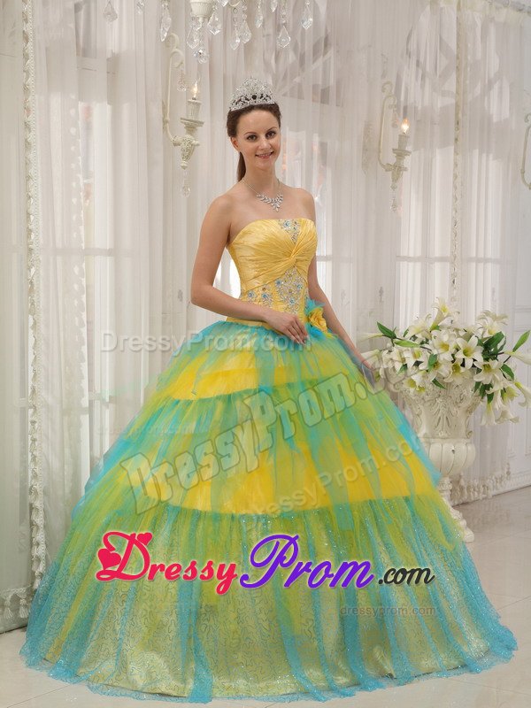 Yellow and Blue Tulle Strapless Quinces Dresses with Appliques