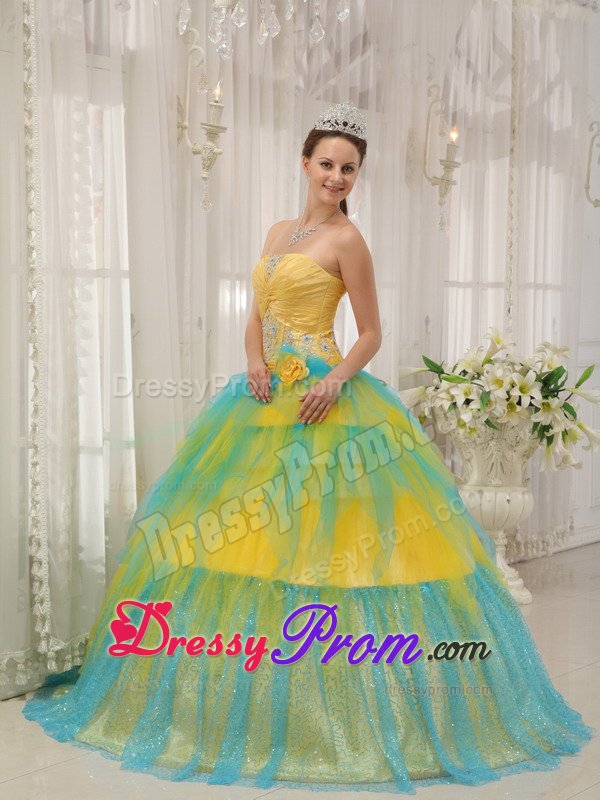 Yellow and Blue Tulle Strapless Quinces Dresses with Appliques