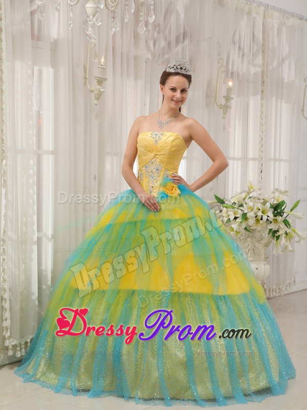 Yellow and Blue Tulle Strapless Quinces Dresses with Appliques