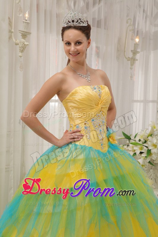 Yellow and Blue Tulle Strapless Quinces Dresses with Appliques
