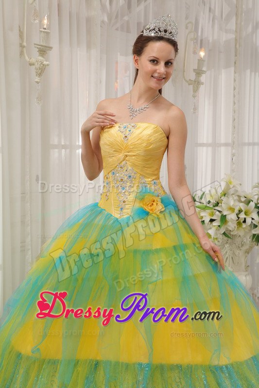 Yellow and Blue Tulle Strapless Quinces Dresses with Appliques