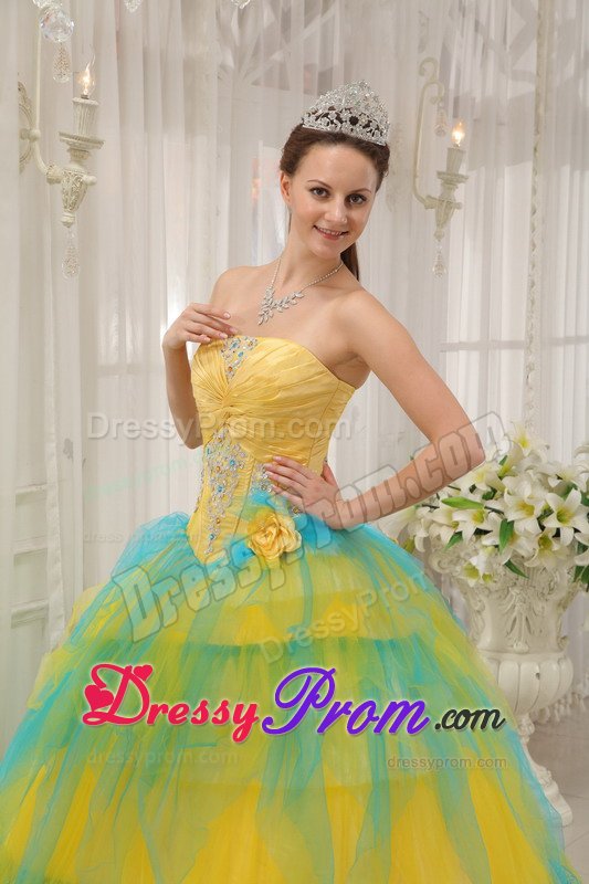 Yellow and Blue Tulle Strapless Quinces Dresses with Appliques