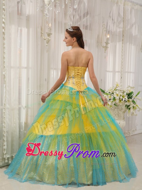 Yellow and Blue Tulle Strapless Quinces Dresses with Appliques