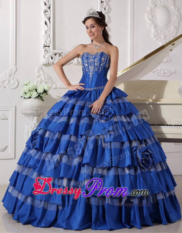 Ruffled Layers and Embroidery Accent Blue Taffeta Quince Dress