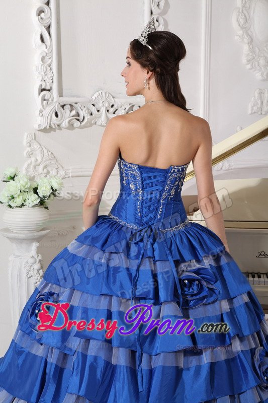 Ruffled Layers and Embroidery Accent Blue Taffeta Quince Dress