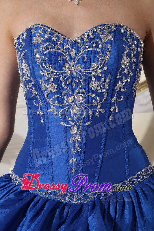 Ruffled Layers and Embroidery Accent Blue Taffeta Quince Dress