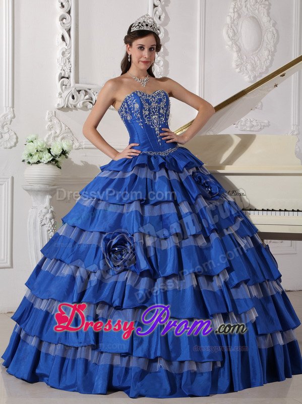 Ruffled Layers and Embroidery Accent Blue Taffeta Quince Dress