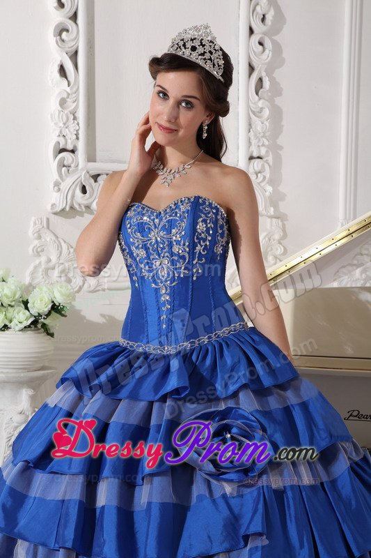 Ruffled Layers and Embroidery Accent Blue Taffeta Quince Dress