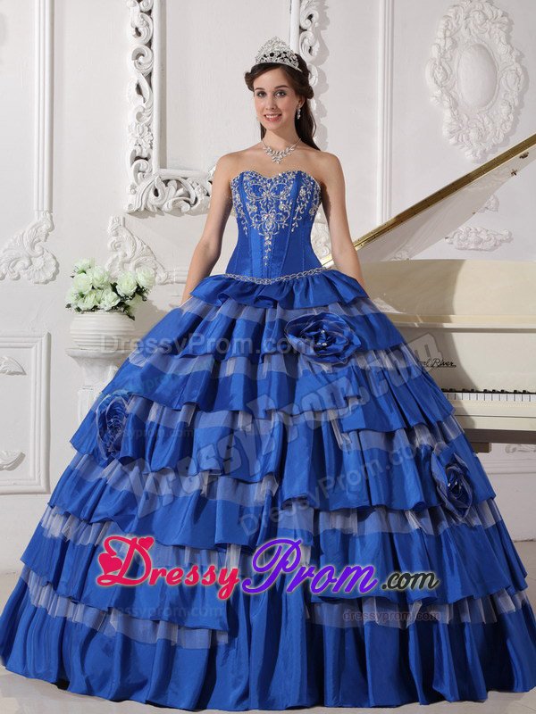 Ruffled Layers and Embroidery Accent Blue Taffeta Quince Dress