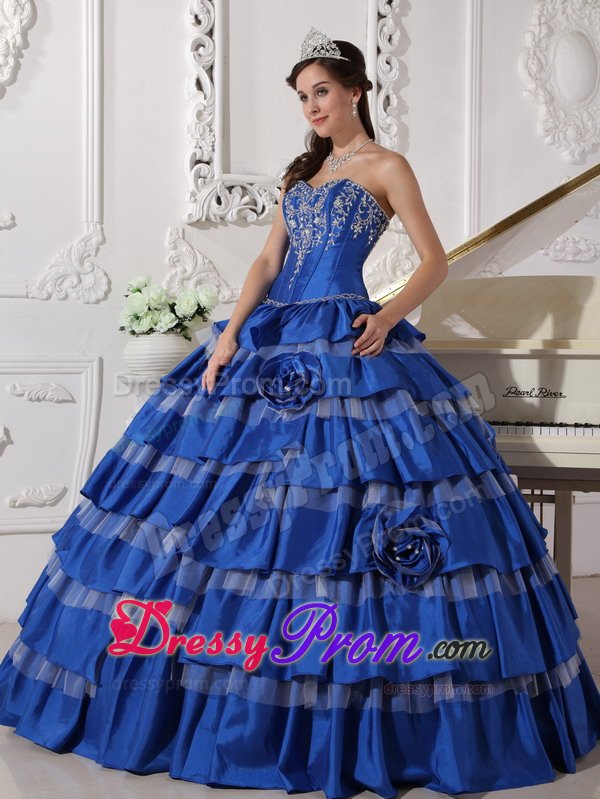 Ruffled Layers and Embroidery Accent Blue Taffeta Quince Dress