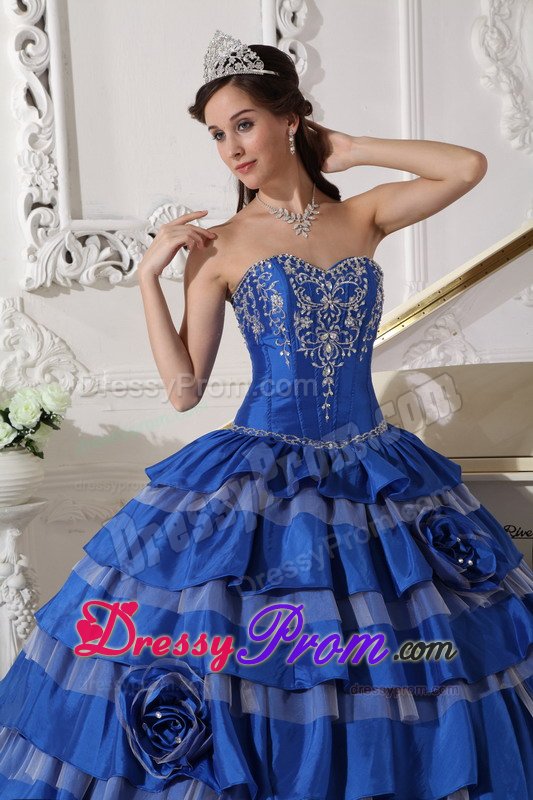 Ruffled Layers and Embroidery Accent Blue Taffeta Quince Dress