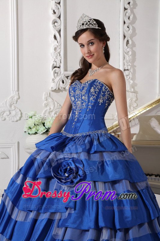 Ruffled Layers and Embroidery Accent Blue Taffeta Quince Dress