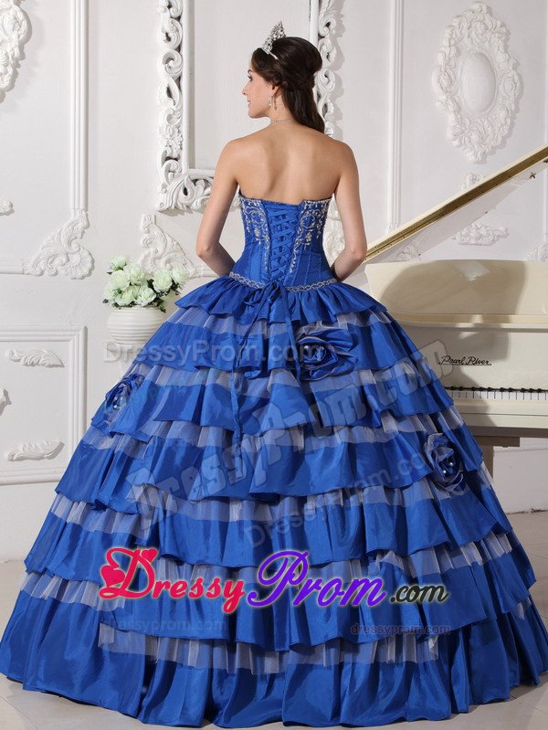 Ruffled Layers and Embroidery Accent Blue Taffeta Quince Dress