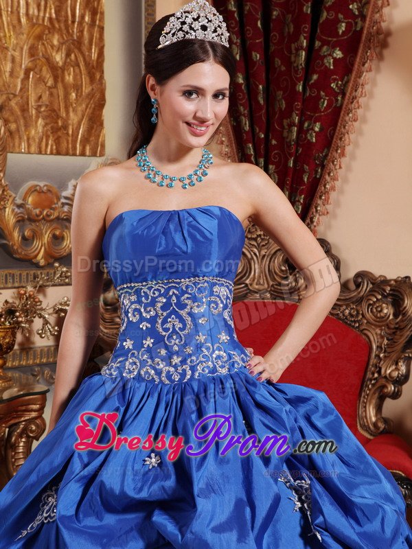 Appliqued Blue Strapless Quinces Dresses with Lace-up Back 2014