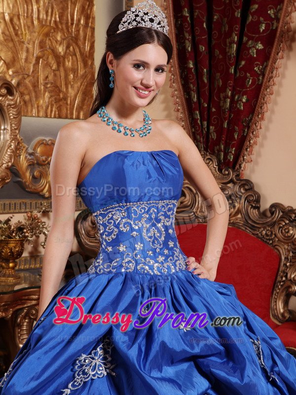 Appliqued Blue Strapless Quinces Dresses with Lace-up Back 2014