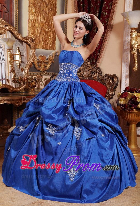 Appliqued Blue Strapless Quinces Dresses with Lace-up Back 2014