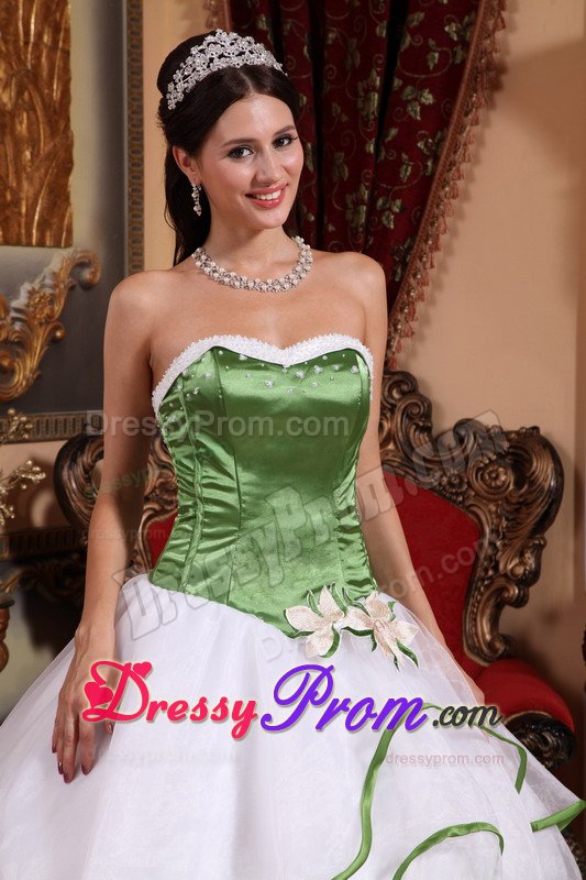Spring Green and White Organza Quinces Dresses with Embroidery
