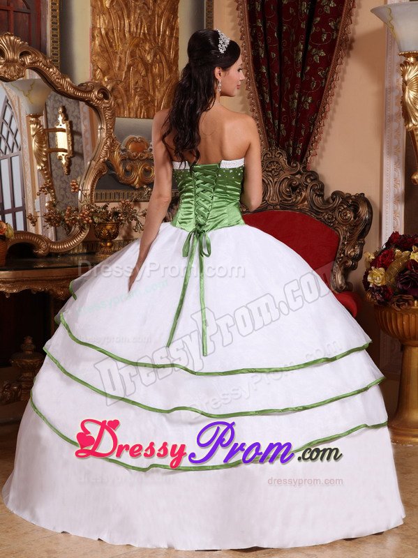 Spring Green and White Organza Quinces Dresses with Embroidery