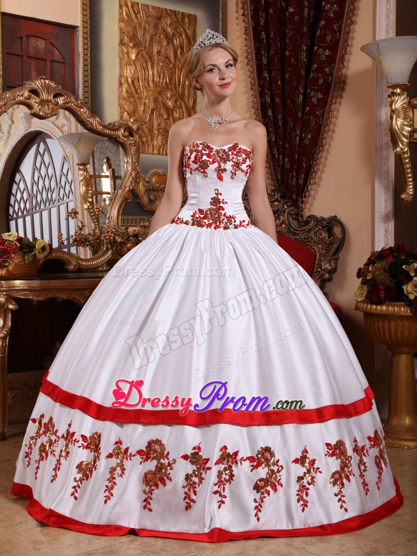 White Sweetheart Taffeta Sweet 15 Dresses with Red Appliques