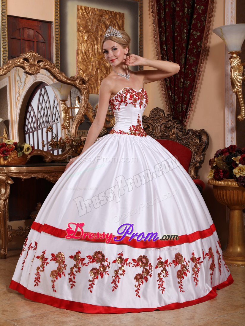 White Sweetheart Taffeta Sweet 15 Dresses with Red Appliques
