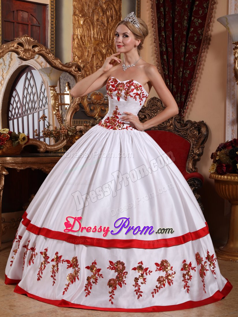 White Sweetheart Taffeta Sweet 15 Dresses with Red Appliques