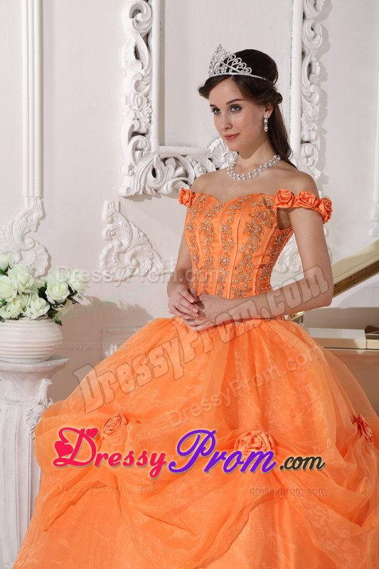 Westminster CO Orange Off Shoulder Appliqued Sweet 15 Dresses