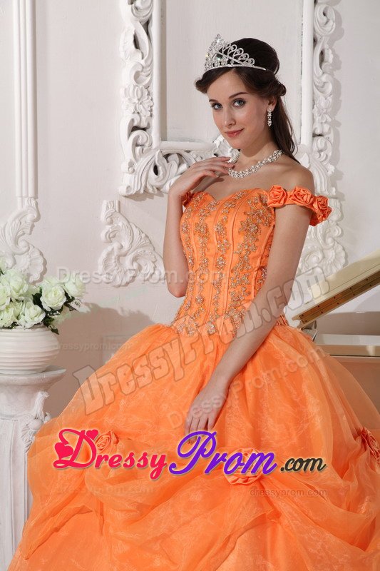 Westminster CO Orange Off Shoulder Appliqued Sweet 15 Dresses