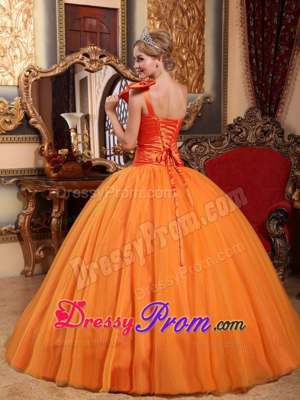 Bowknot Accent One Shoulder Orange Sweet Sixteen Quinceanera Dress