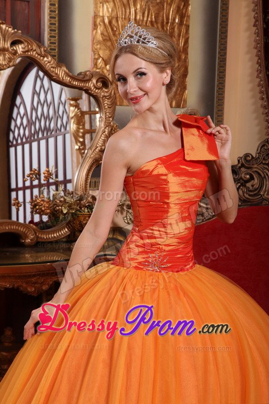 Bowknot Accent One Shoulder Orange Sweet Sixteen Quinceanera Dress