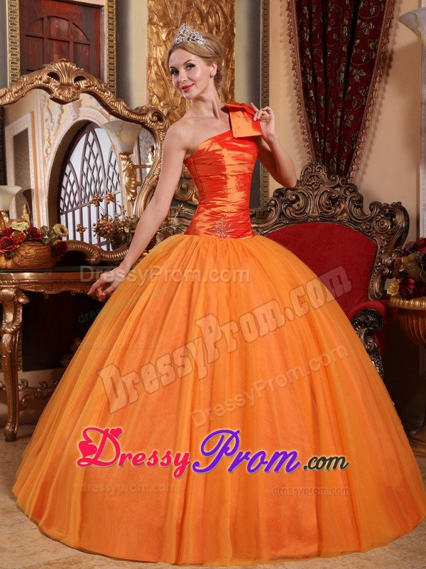 Bowknot Accent One Shoulder Orange Sweet Sixteen Quinceanera Dress