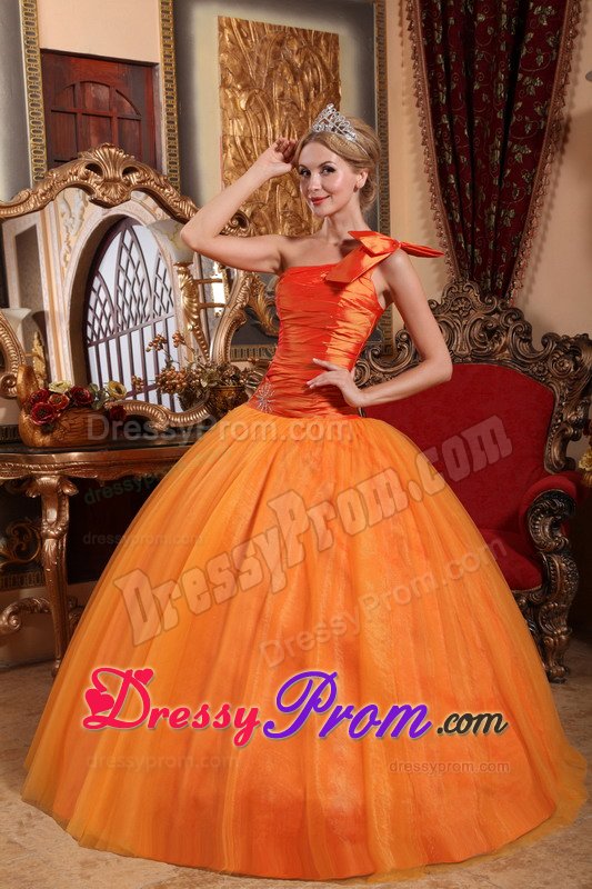 Bowknot Accent One Shoulder Orange Sweet Sixteen Quinceanera Dress