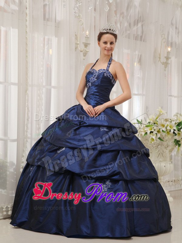 Navy Blue Halter Sweet Sixteen Quinceanera Dress with Appliques