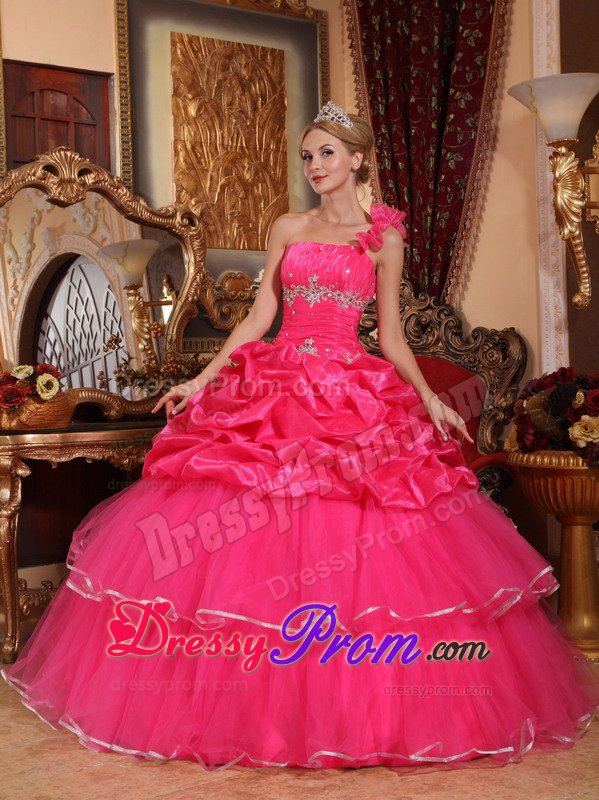 Ruched and Beaded One Shoulder Quinceanera Dresses in Hot Pink