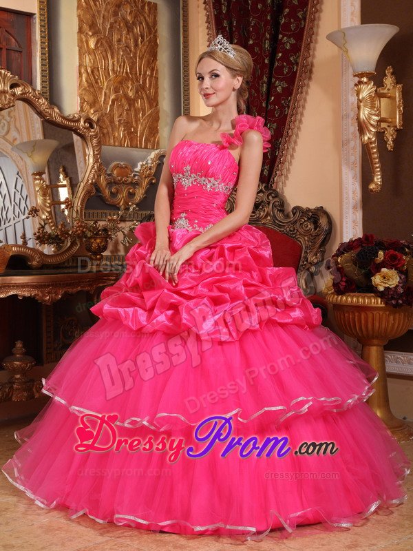 Ruched and Beaded One Shoulder Quinceanera Dresses in Hot Pink